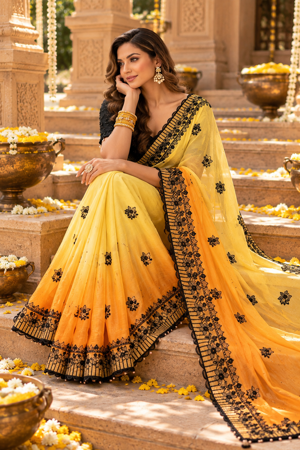 Crush Silk Embroidery Sequin Work Saree With Unstitched Blouse(Yellow)