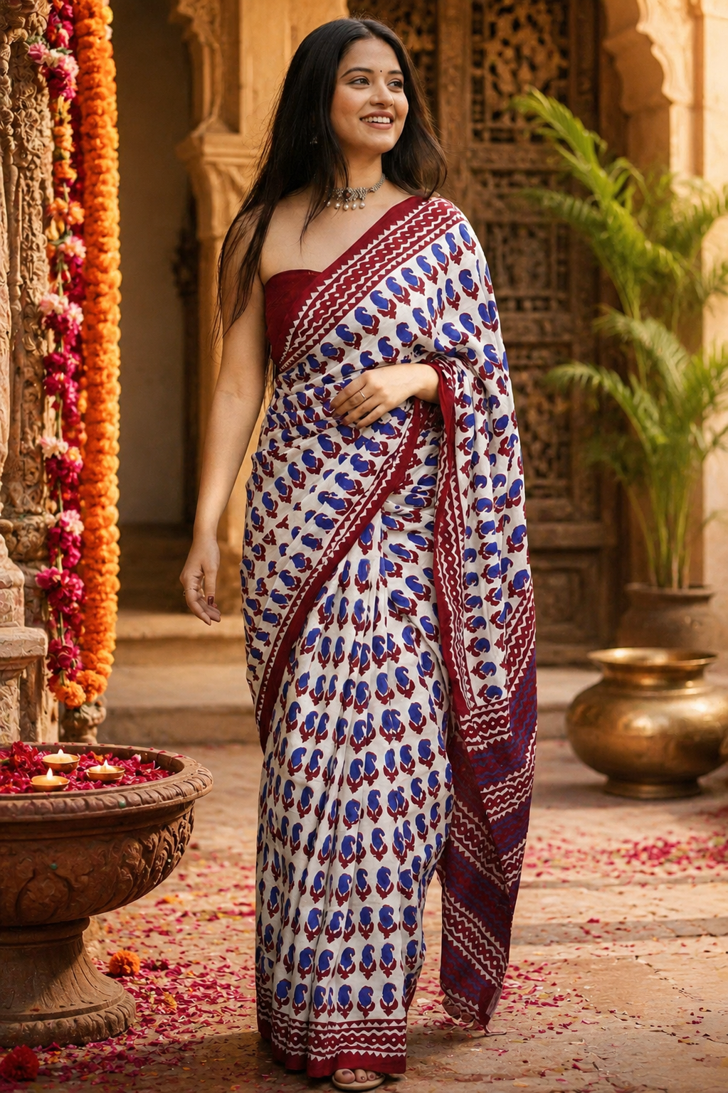 Mulmul Cotton Bagru Block Printed Saree With Unstitched Blouse(Blue)