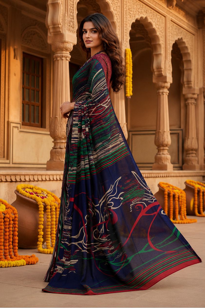 Crepe Silk Party Wear Saree With Unstitched Blouse(Black)