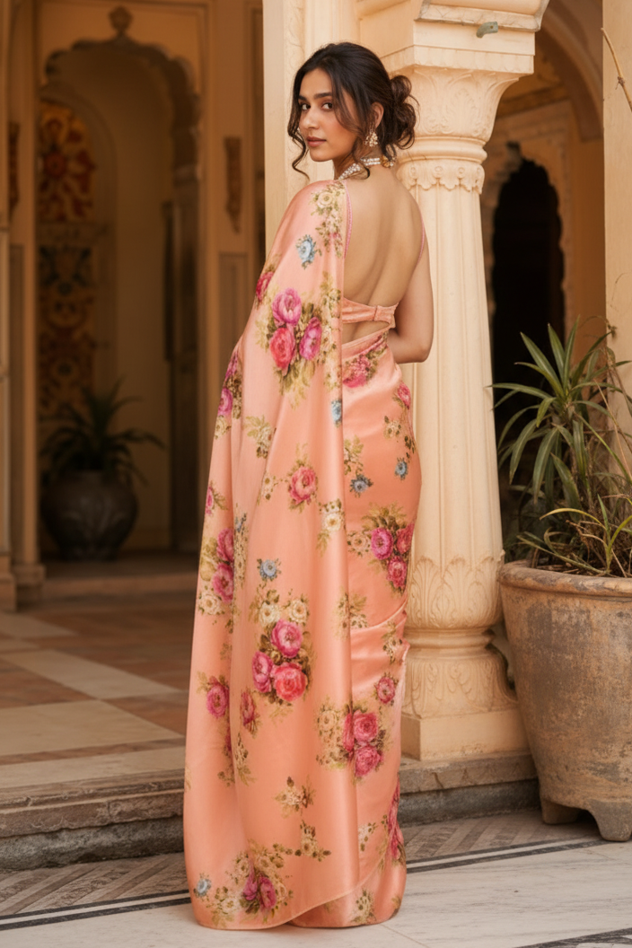 Satin Silk Printed Saree with Unstitched Blouse(Orange)