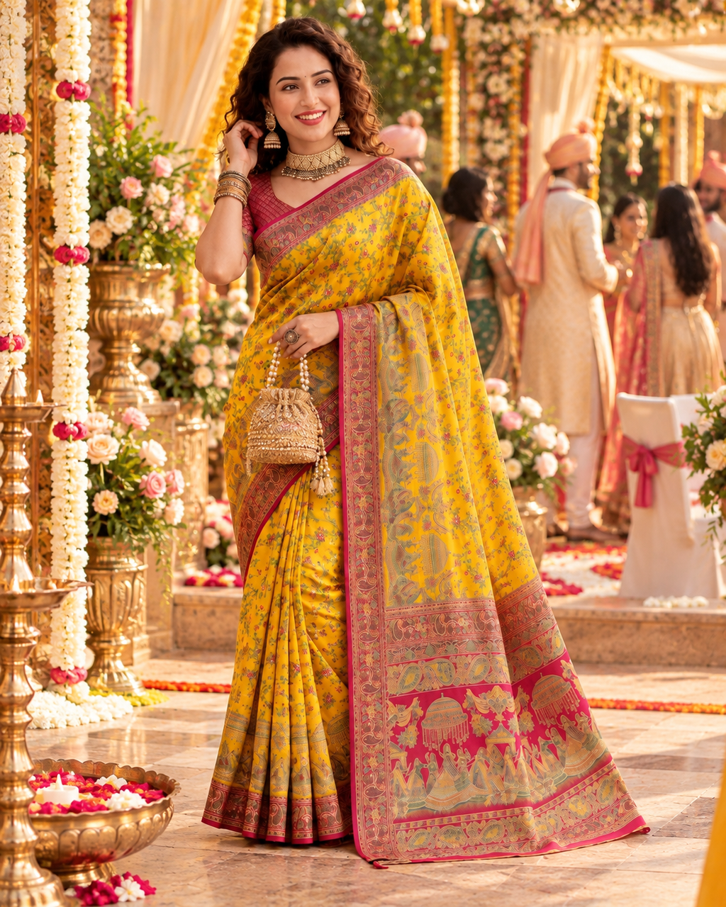 Gajji Silk Ajrakh Printed Saree With Unstitched Blouse(Yellow)