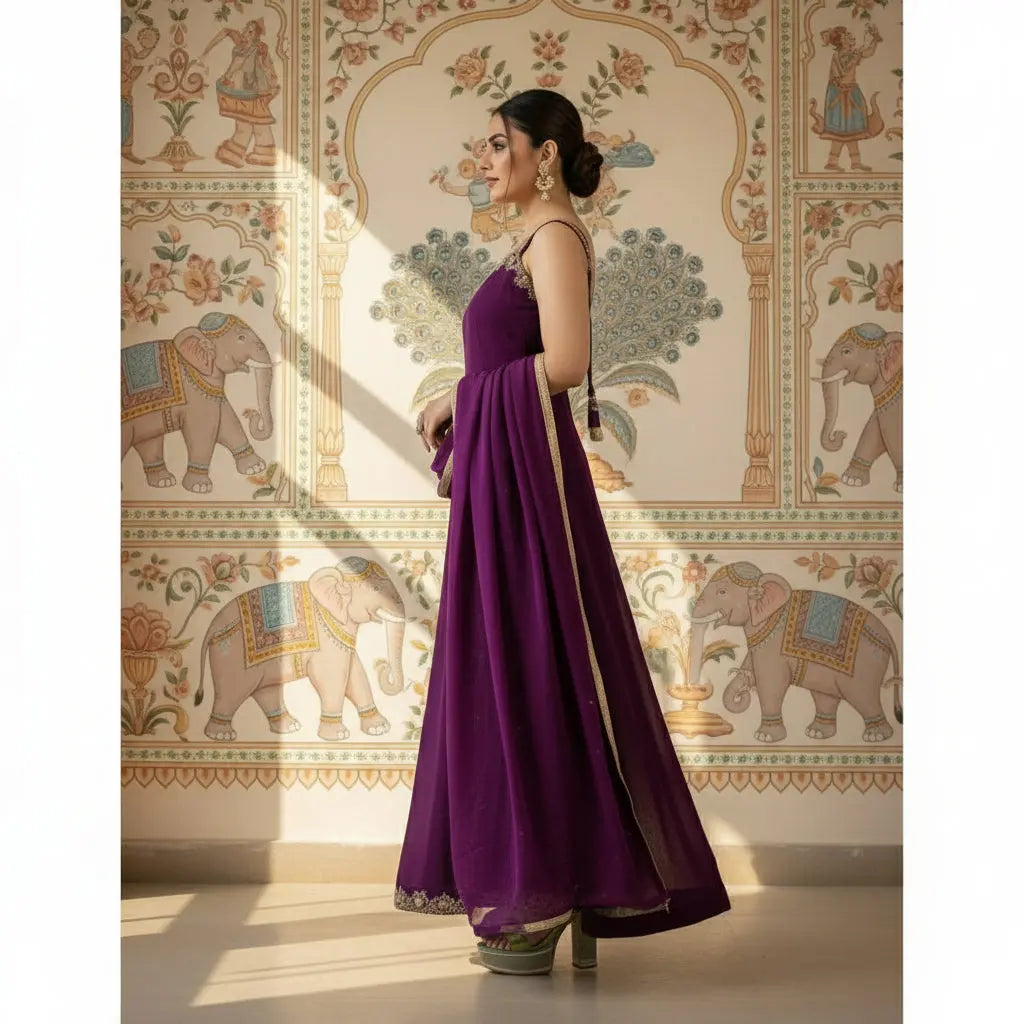 Women's Georgette Embroidery Sleeveless Round Neck Kurti, Palazzo And Dupatta Set (Wine) Kashvii