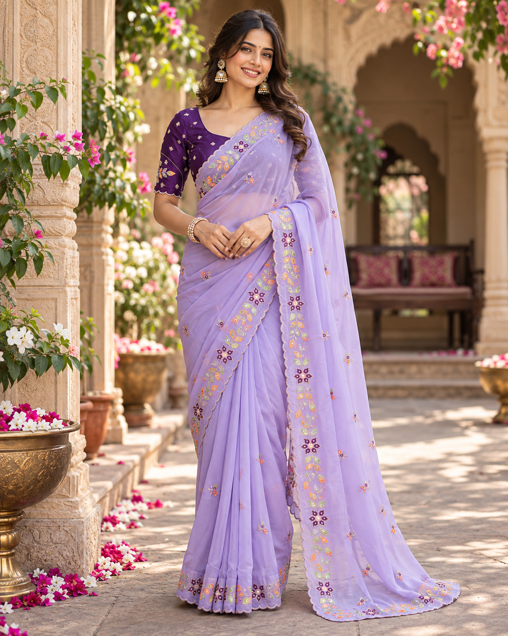 Rangoli Silk Embroidery Work Saree With Unstitched Blouse(Lavender)