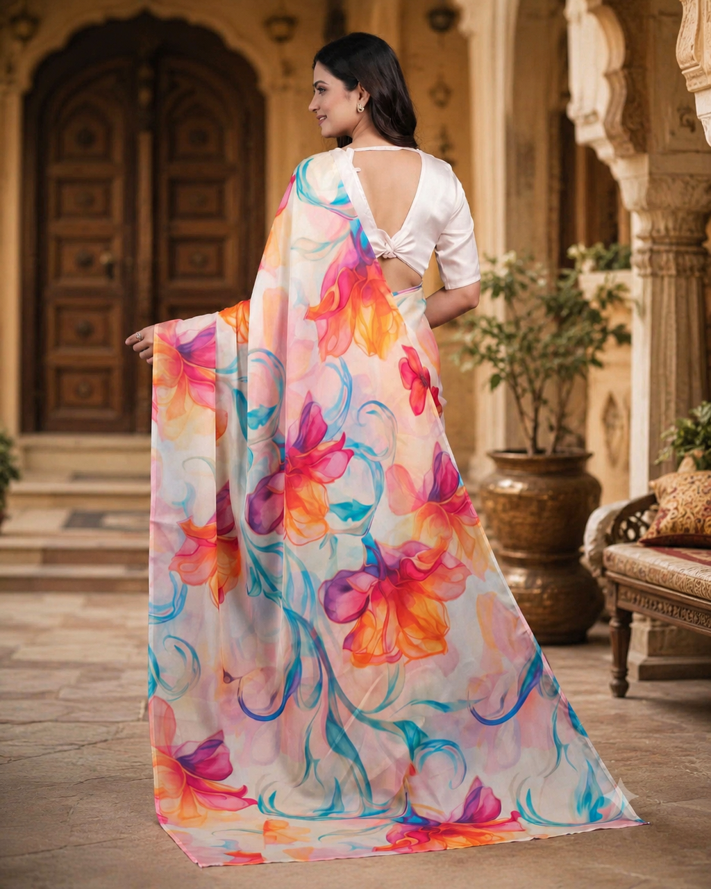 Satin Silk Printed Saree With Unstitched Blouse(Multicolor)