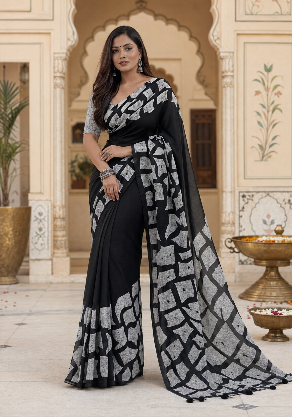 Georgette Mirror Work Saree With Unstitched Blouse(Black)