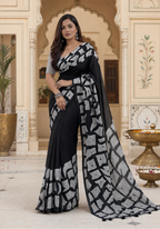 Georgette Mirror Work Saree With Unstitched Blouse(Black)