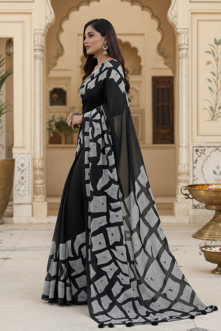 Georgette Mirror Work Saree With Unstitched Blouse(Black)