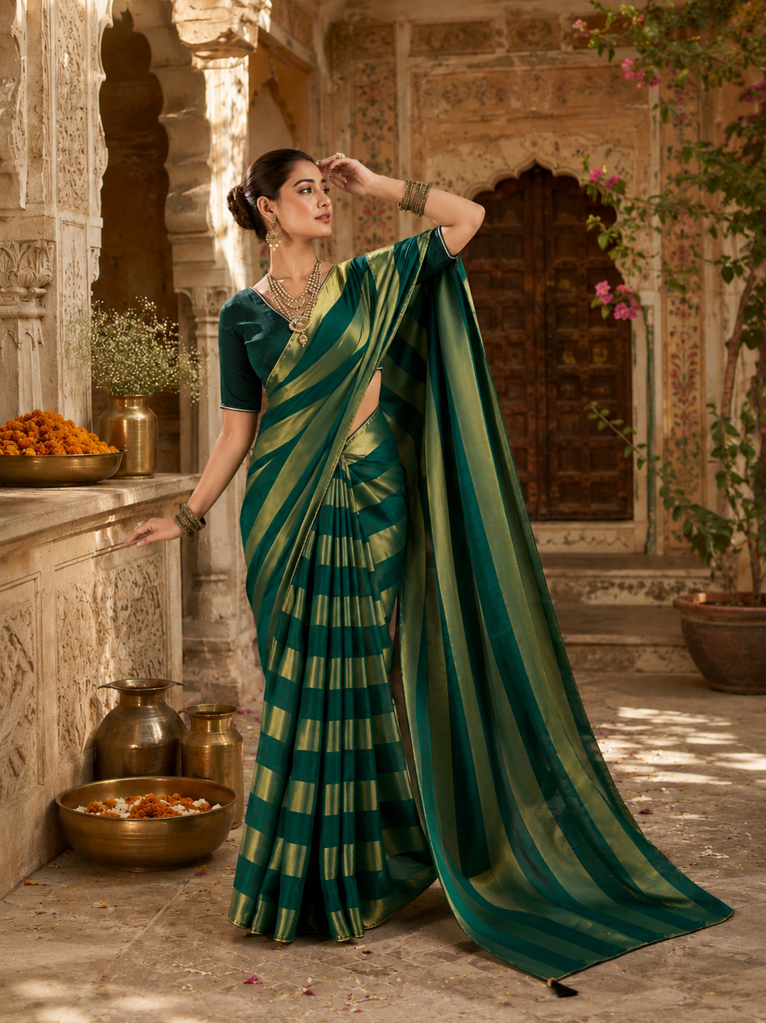 Satin Silk Saree With Unstitched Blouse(Green)