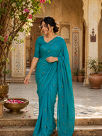 Soft Silk Embroidery Saree With Unstitched Blouse(Blue)