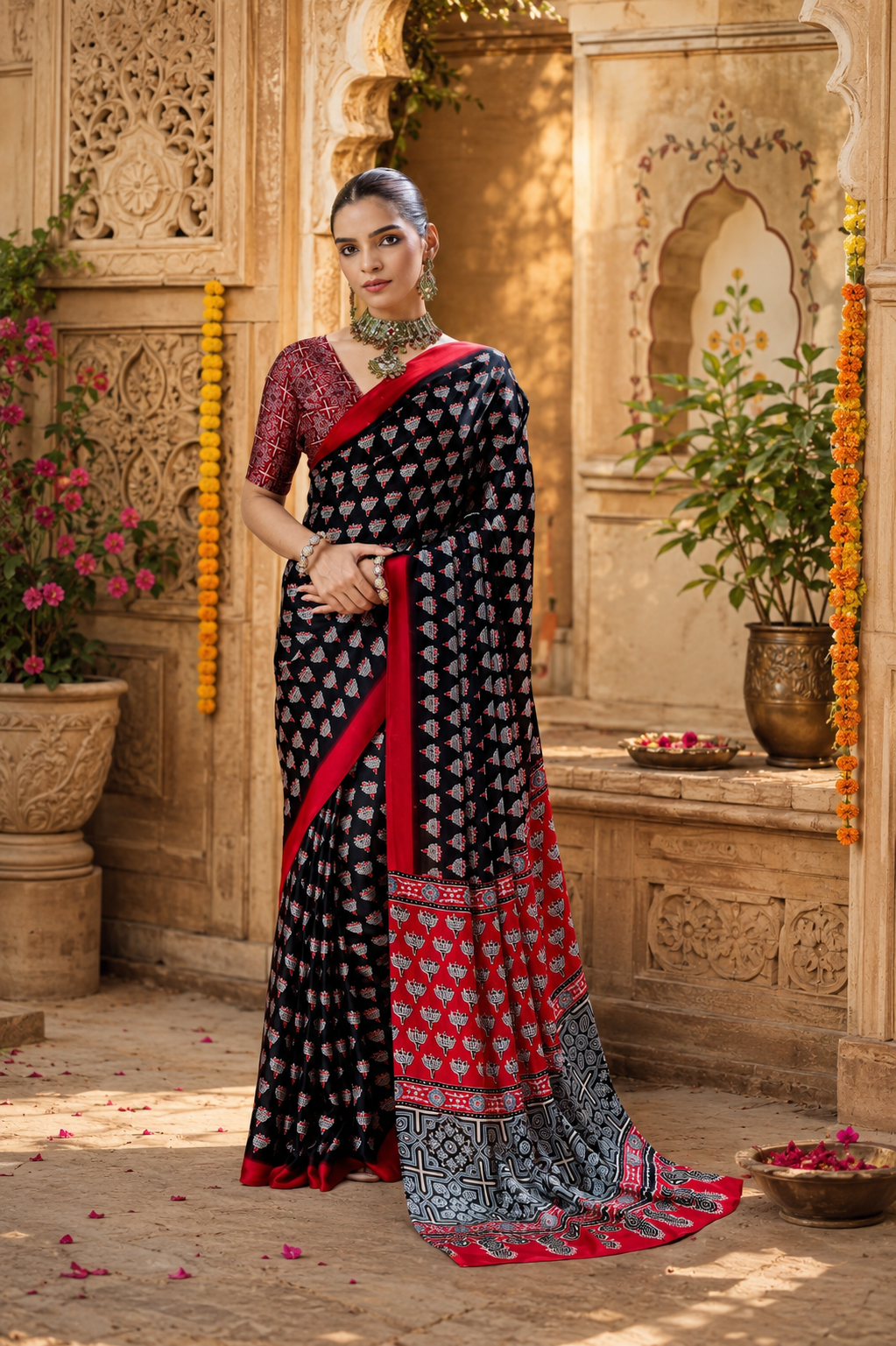 Satin Ajrakh Printed Saree With Unstitched Blouse(Black)