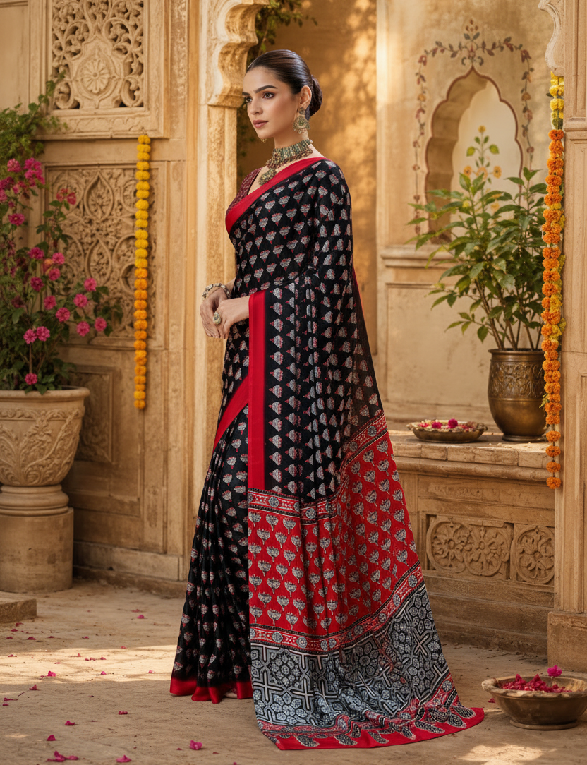 Satin Ajrakh Printed Saree With Unstitched Blouse(Black)