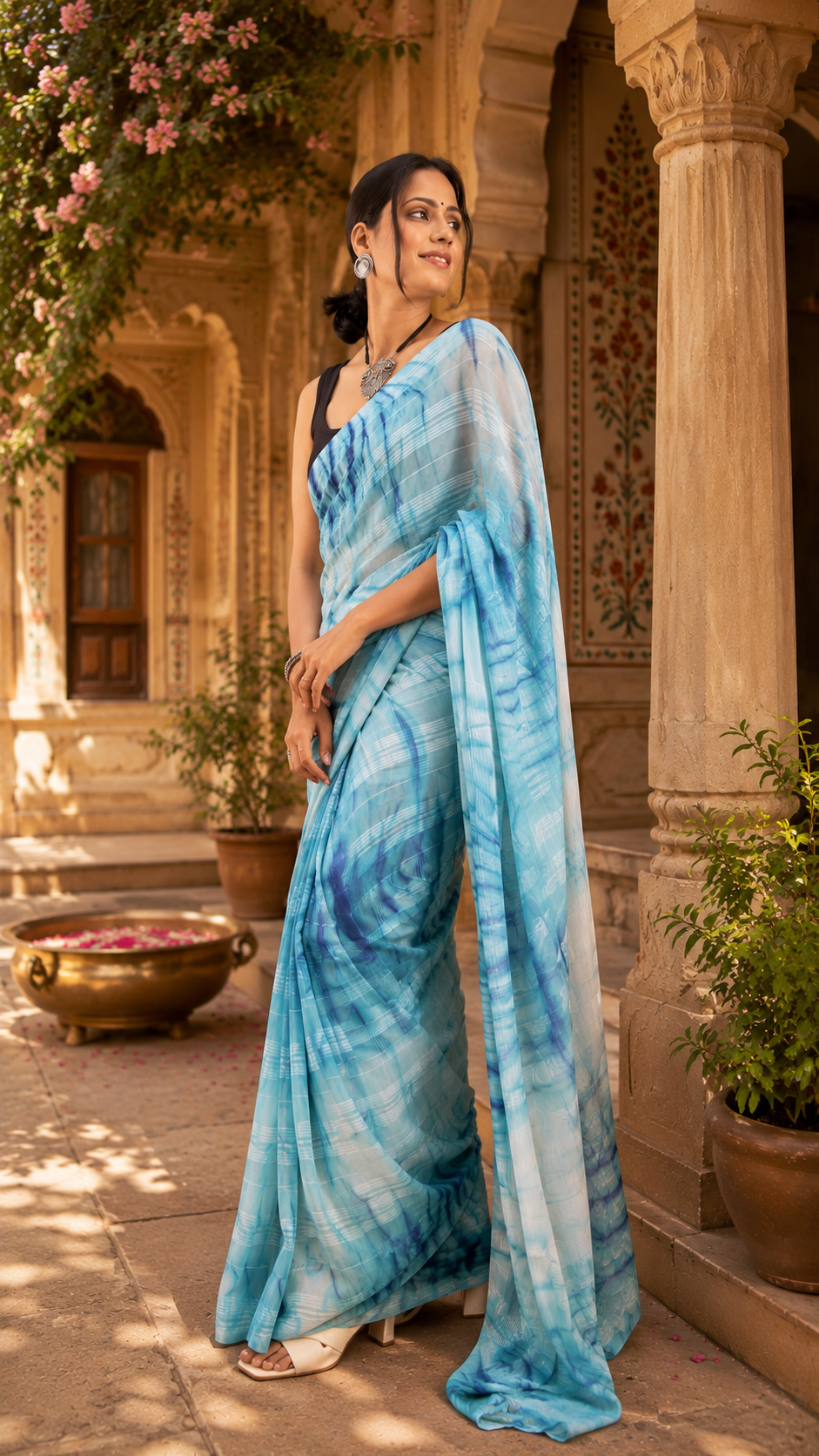 Elegant Georgette Printed Ready To Wear Saree With Unstitched Blouse(Sky Blue)
