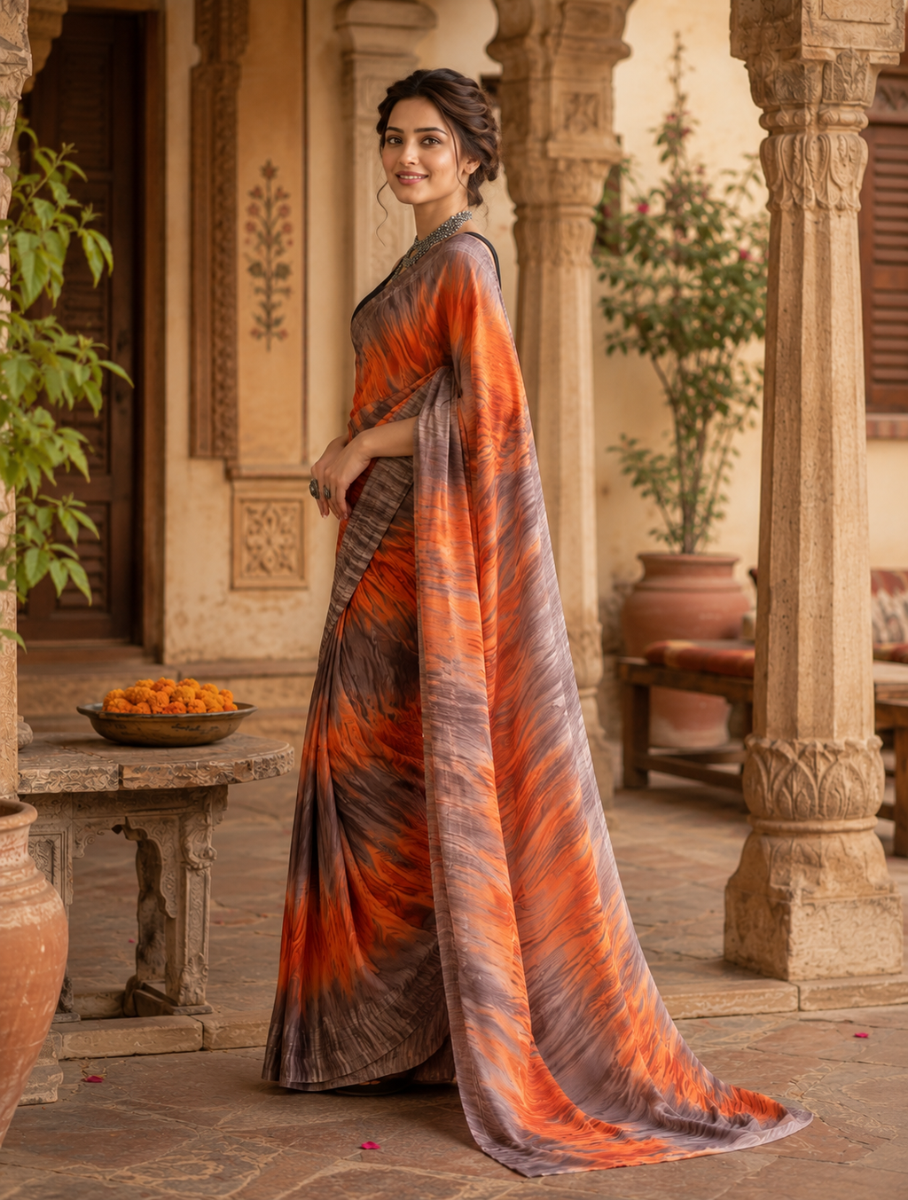 Soft Georgette Ready To Wear Saree With Unstitched Blouse(Orange)
