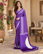 Satin Silk Ajrakh Printed Saree With Unstitched Blouse(Puple)