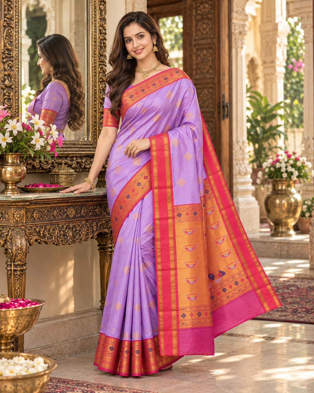 Premium Paithani Katan Silk Butti Saree With Zari Border Unstitched Blouse (Violet)