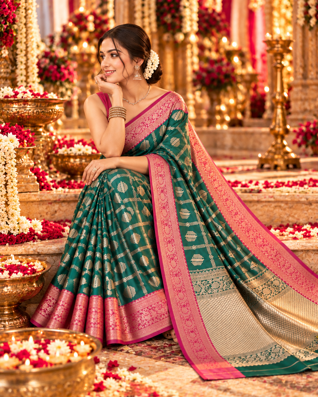Banarasi Silk Saree Golder Zari Border With Unstitched Blouse(Green)