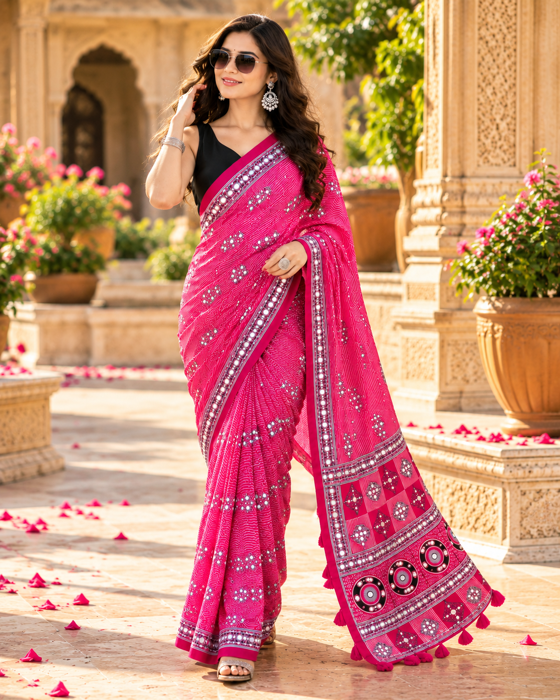 Premium Satin Silk Printed Saree With Unstitched Blouse(Rani)