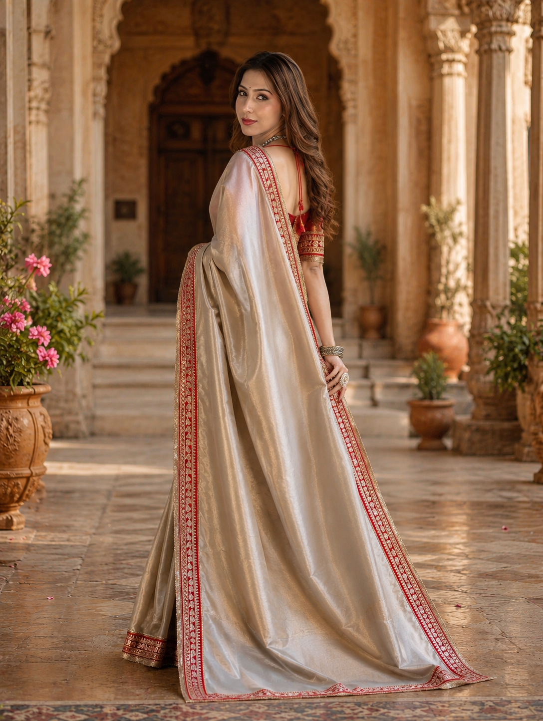Twill Net Dori Embroidery Work Saree With Unstitched Blouse(Grey)