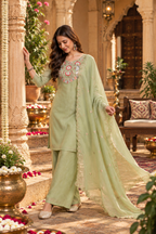 Crunch Silk Straight Kurti Palazzo Set With Dupatta(Pista)