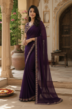 Sequins Embroidery Georgette Saree With Unstitched Blouse(Wine)