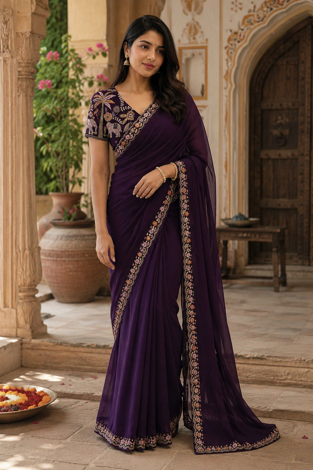 Sequins Embroidery Georgette Saree With Unstitched Blouse(Wine)