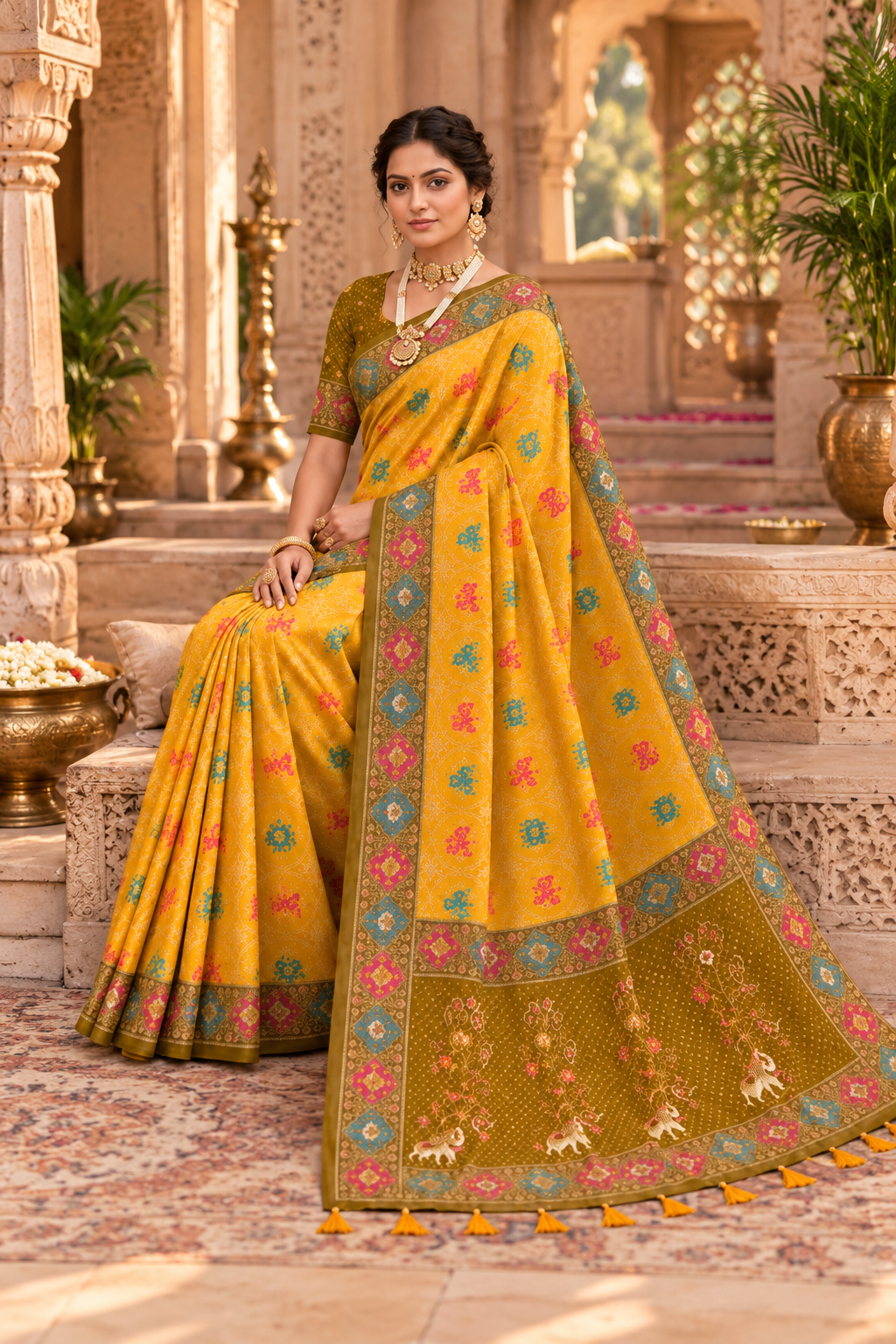 Premium Patola Silk Saree With Unstitched Blouse(Yellow)