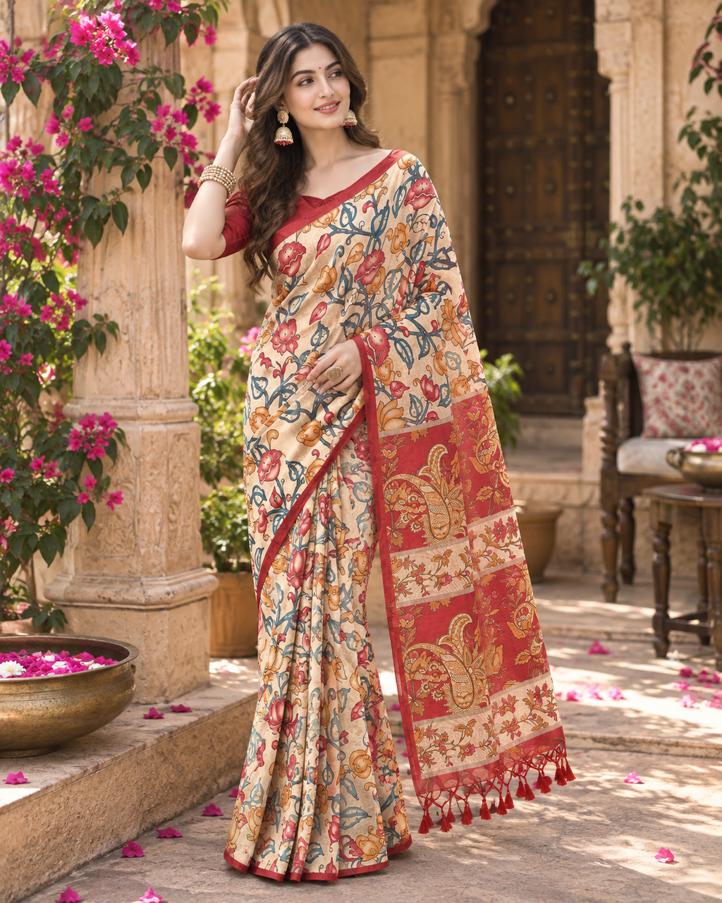 Tussar Silk Kalamkari Printed Saree With Unstitched Blouse(Red)