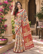 Tussar Silk Kalamkari Printed Saree With Unstitched Blouse(Red)
