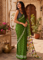 Pure Cotton Bagru Block Printed Saree With Unstitched Blouse(Green)