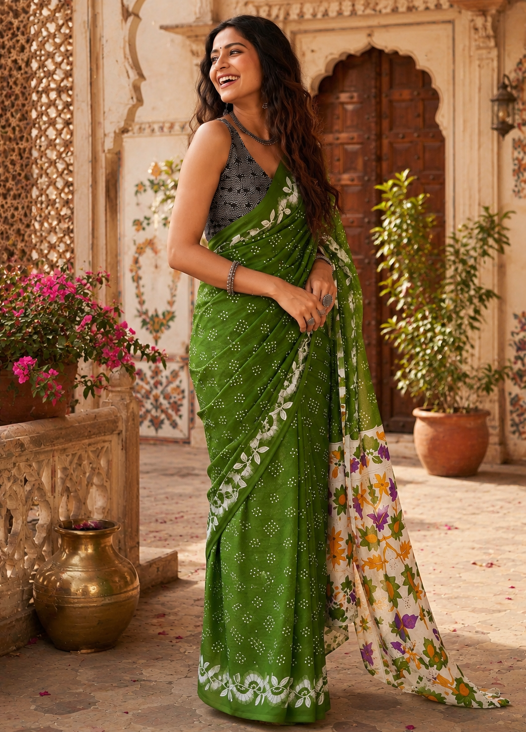 Pure Cotton Bagru Block Printed Saree With Unstitched Blouse(Green)