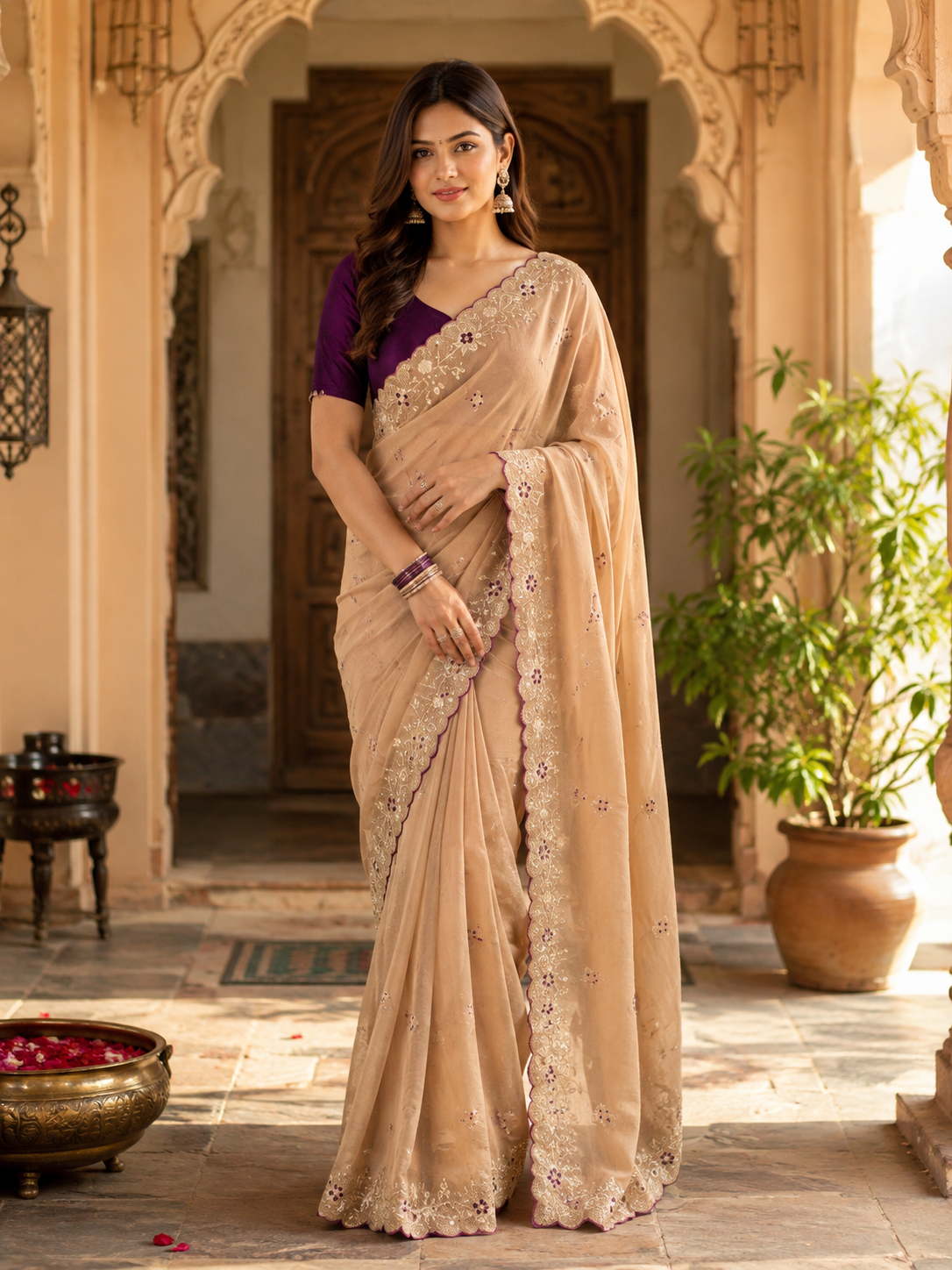 Premium Georgette Saree With Unstitched Blouse(Beige)