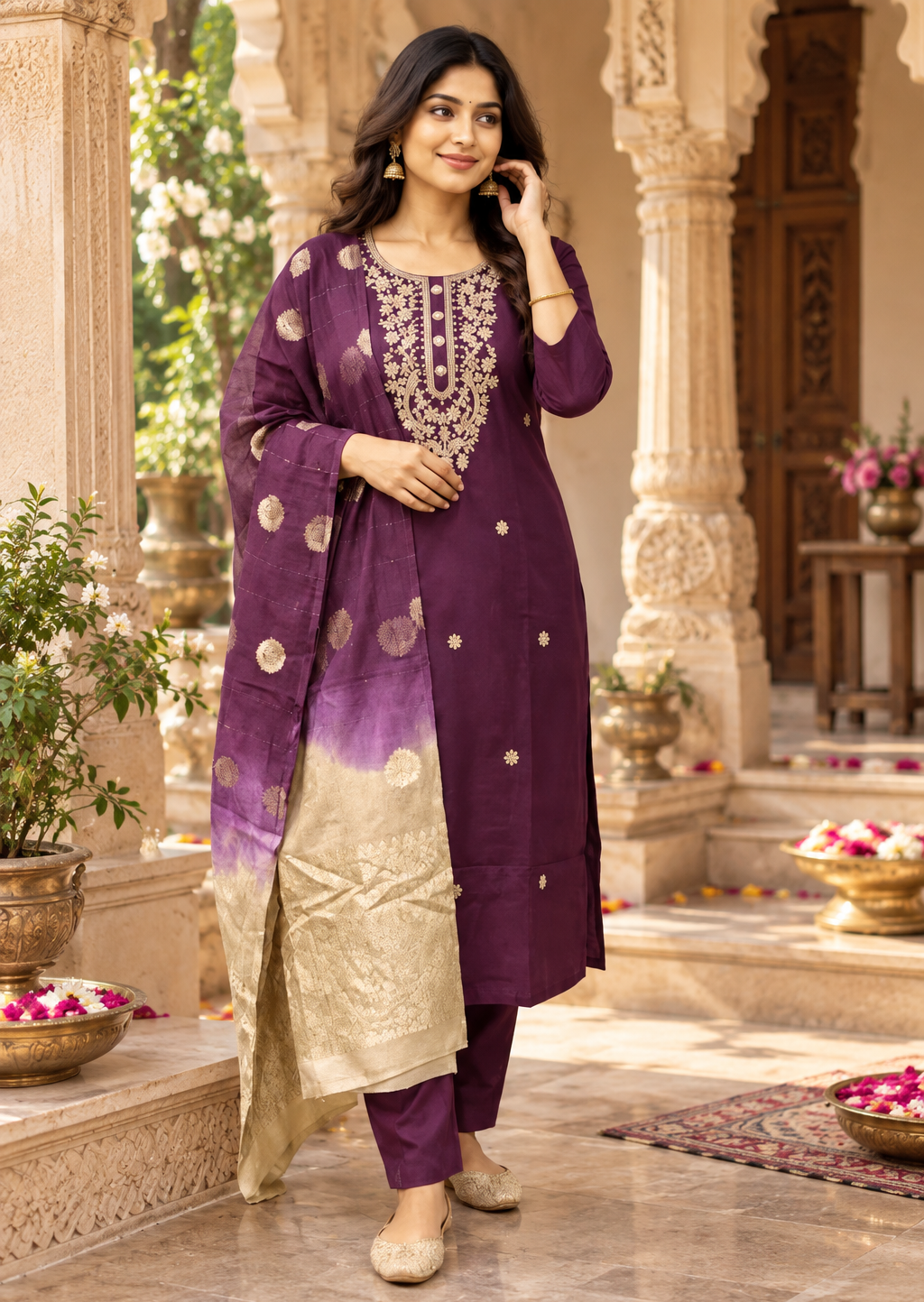 Roman Silk Kurti Pant With Dupatta Set(Wine)
