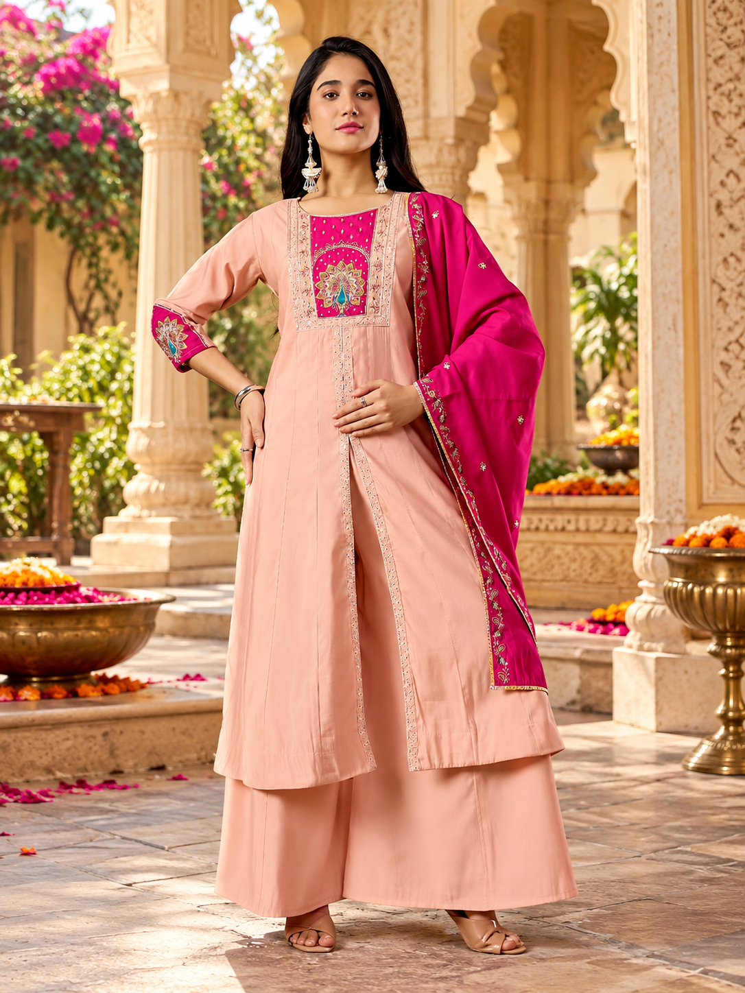 Roman Silk Anarkali Kurti Pant Set With Dupatta(Peach)
