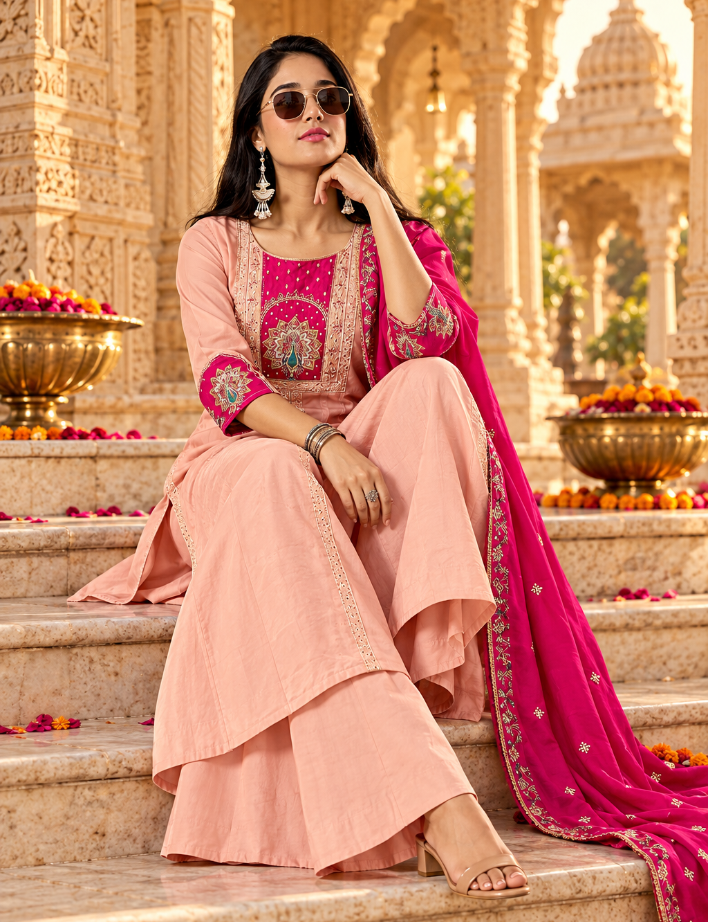 Roman Silk Anarkali Kurti Pant Set With Dupatta(Peach)