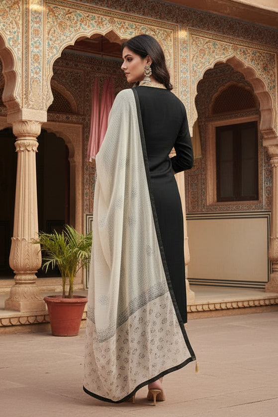 Cotton Unstitched Salwar-Suit Material With Dupatta (Black, 2-2.5mtrs) Kashvii