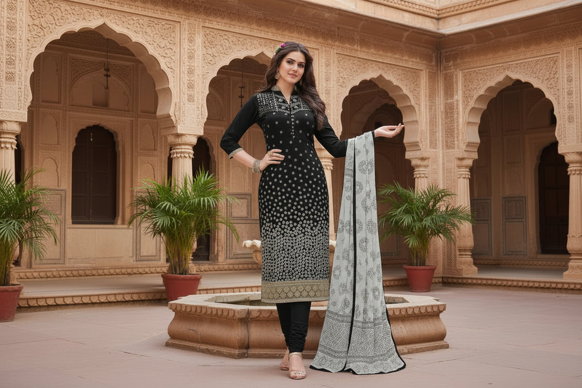 Cotton unstitched salwar suit material with dupatta (black, 2 2