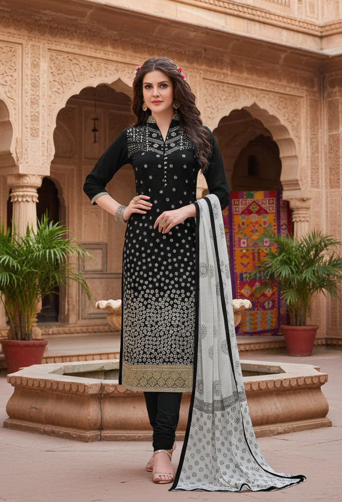 Cotton unstitched salwar suit material with dupatta (black, 2 2