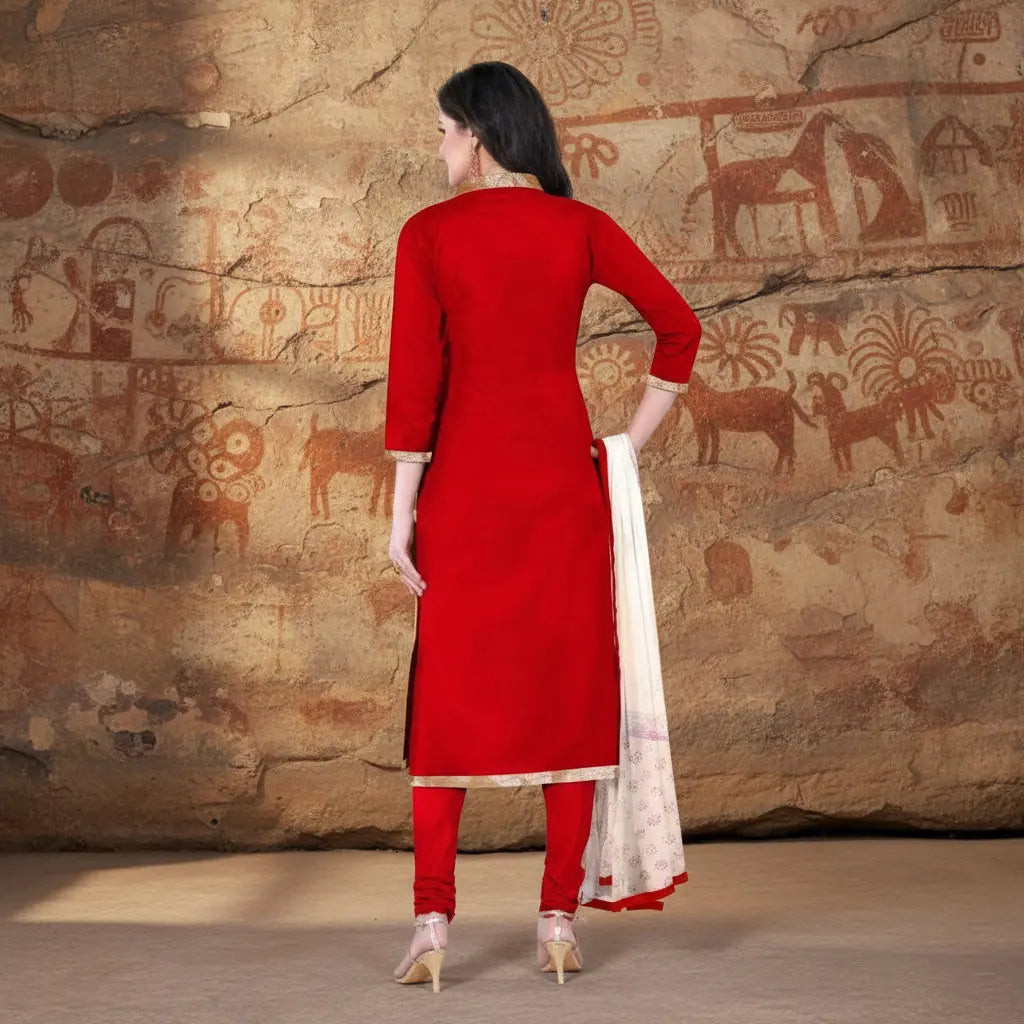 Women's Cotton Unstitched Salwar-Suit Material With Dupatta (Red, 2-2.5mtrs) Kashvii