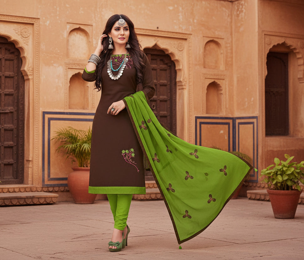 Women's Glaze Cotton Unstitched Salwar-Suit Material With Dupatta (Brown, 2-2.5mtrs) Kashvii