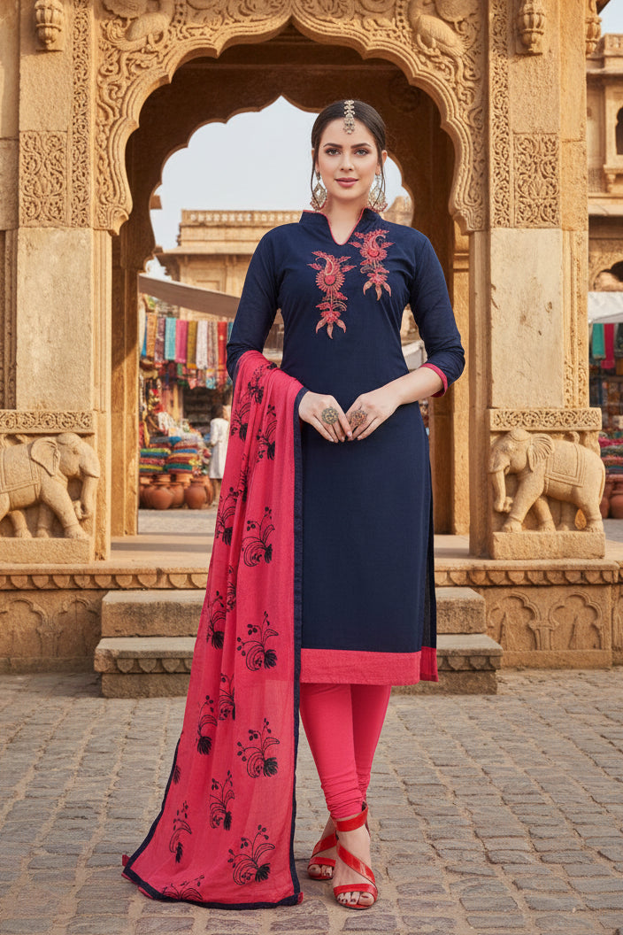 Women's modal silk unstitched salwar suit material with dupatta (navy blue, 2 2