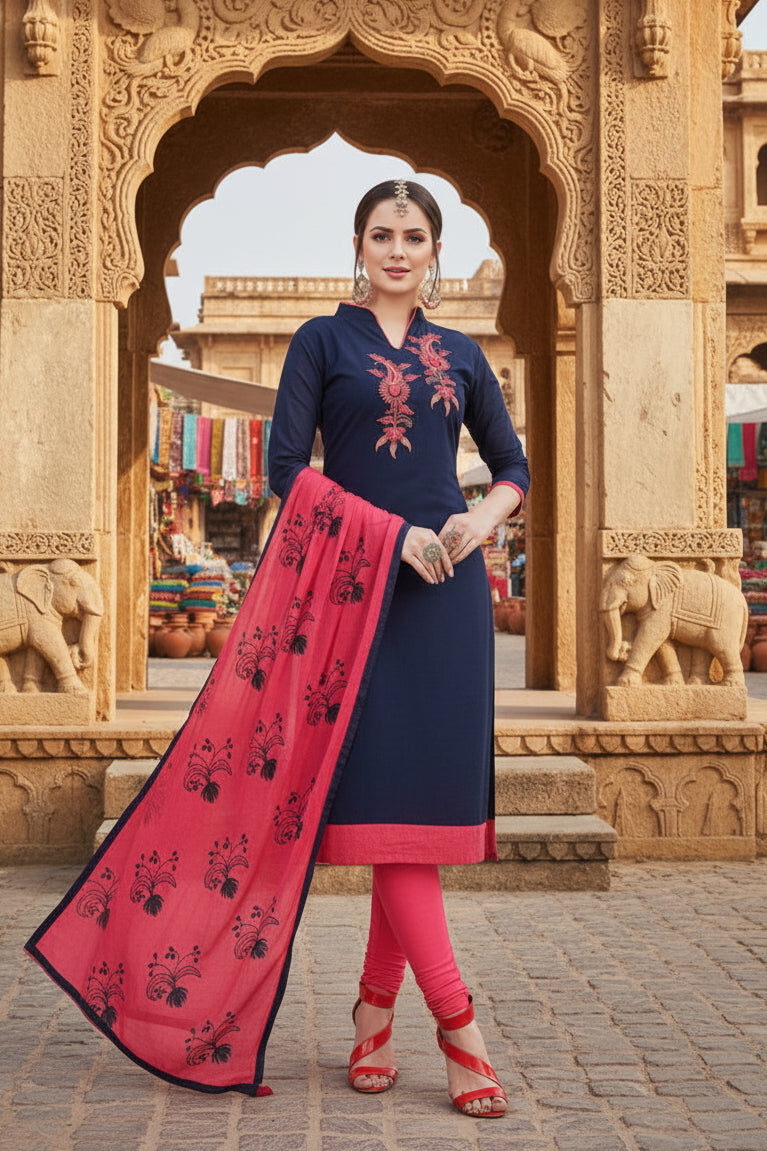 Women's modal silk unstitched salwar suit material with dupatta (navy blue, 2 2