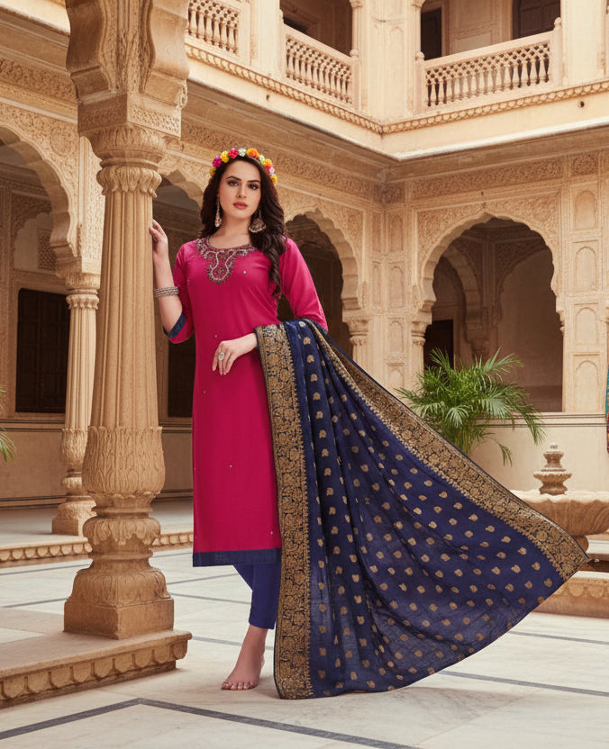 Women's slub cotton unstitched salwar suit material with dupatta (magenta, 2 2