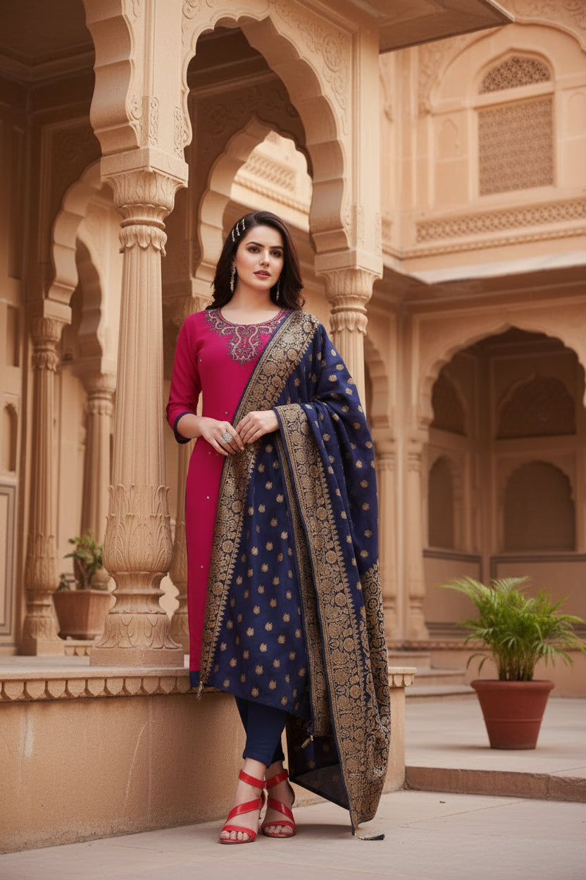 Women's slub cotton unstitched salwar suit material with dupatta (magenta, 2 2