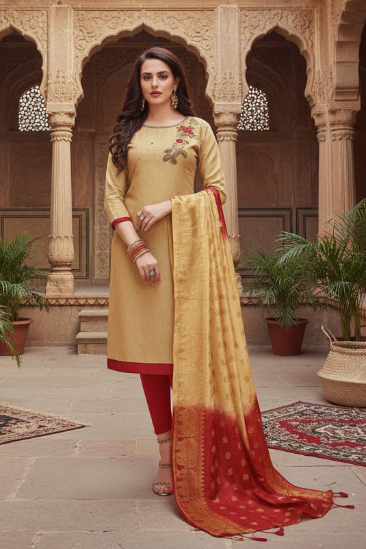 Women's slub cotton unstitched salwar suit material with dupatta (sandel, 2 2