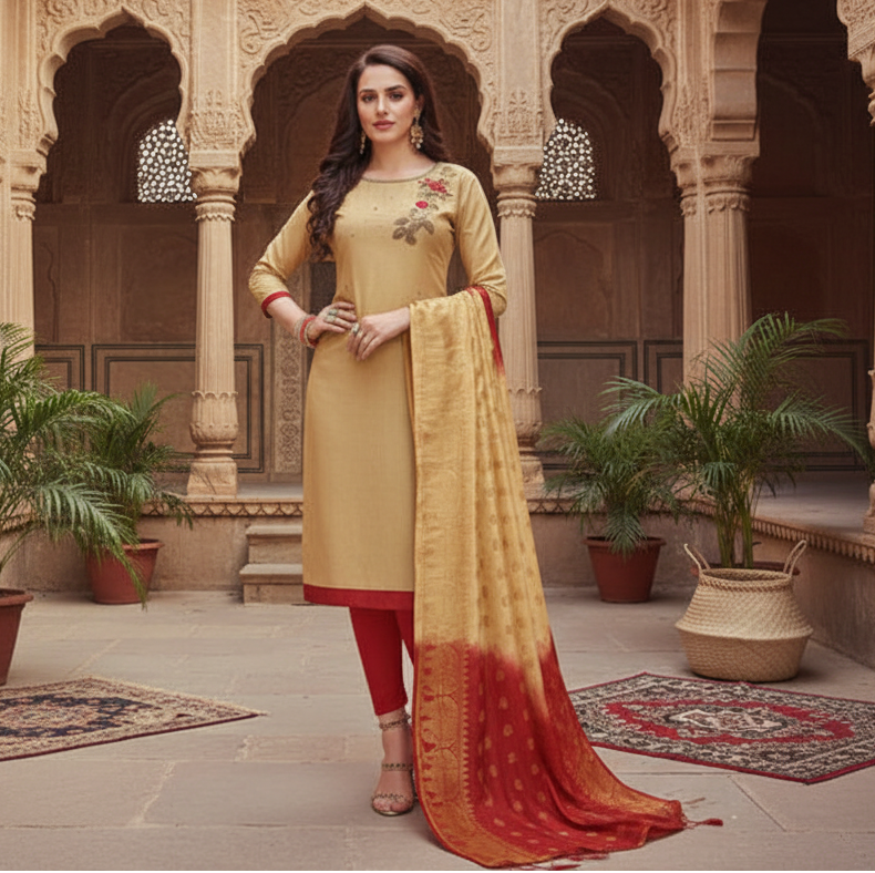 Women's slub cotton unstitched salwar suit material with dupatta (sandel, 2 2