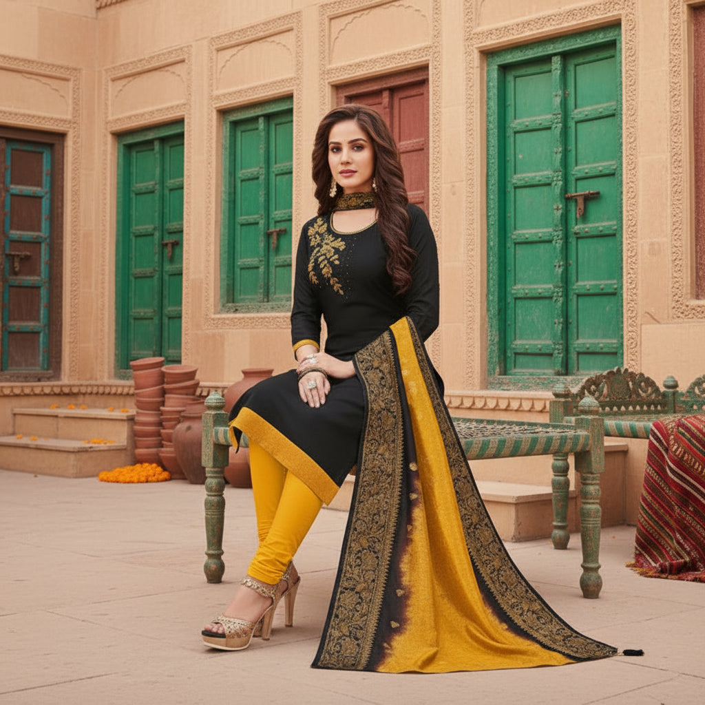 Women's Slub Cotton Unstitched Salwar-Suit Material With Dupatta (Black, 2-2.5mtrs) Kashvii