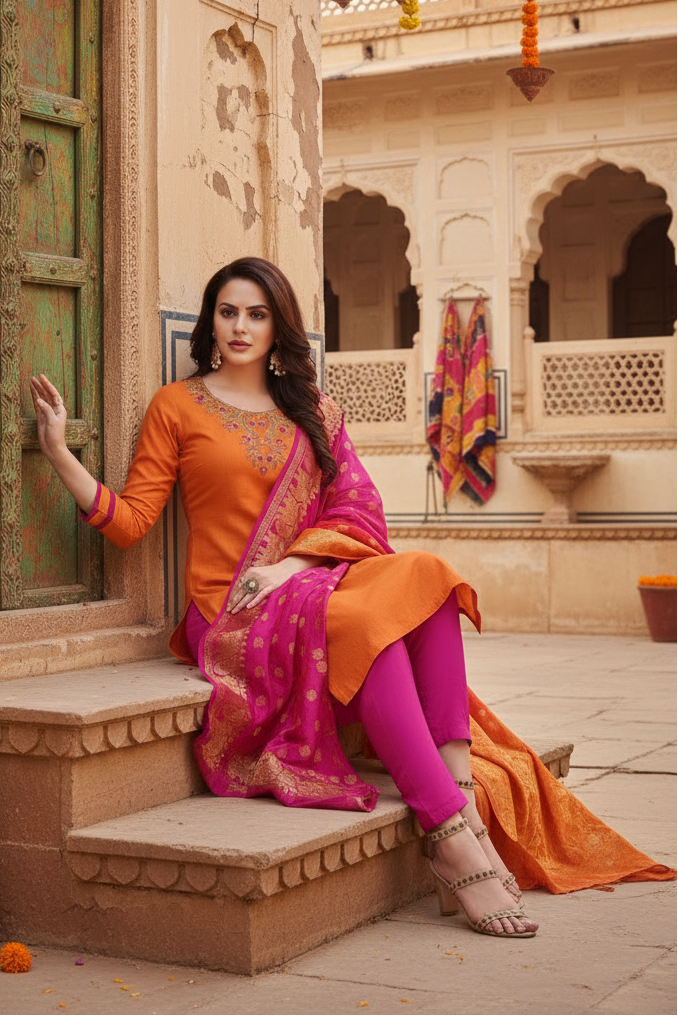 Women's slub cotton unstitched salwar suit material with dupatta (oranage, 2 2