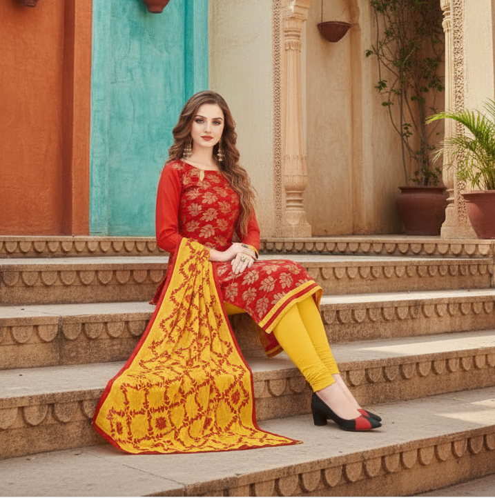 Women's Banarasi Jacquard Unstitched Salwar-Suit Material With Dupatta (Red, 2-2.5mtrs) Kashvii