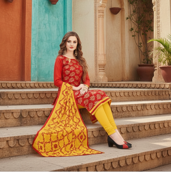 Women's Banarasi Jacquard Unstitched Salwar-Suit Material With Dupatta (Red, 2-2.5mtrs) Kashvii