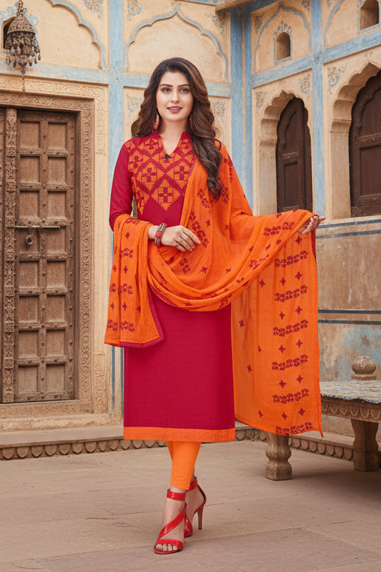 Women's Slub Cotton Unstitched Salwar-Suit Material With Dupatta (Magenta, 2-2.5mtrs) Kashvii